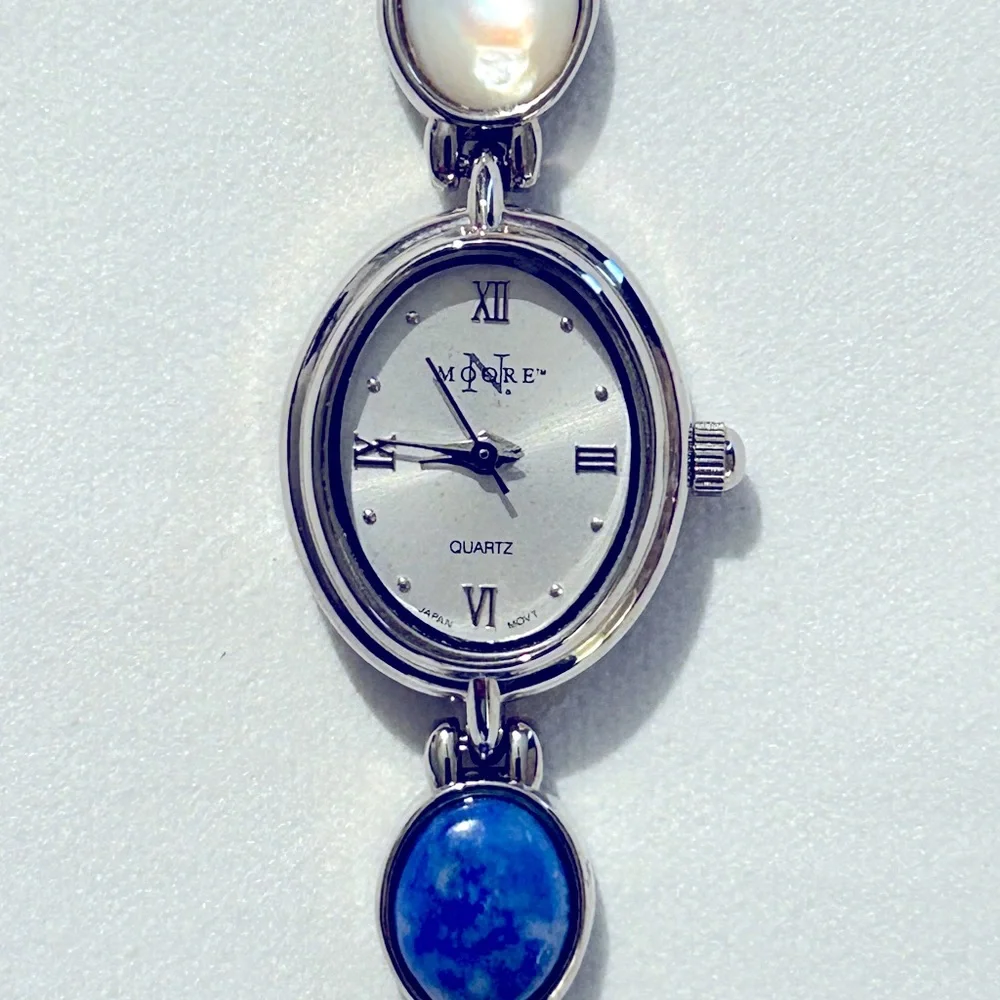 Women's N Moore Silver-toned Watch w/Lapis Lazuli, Mother of Pearl and Car…